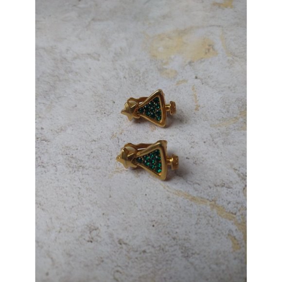 Vintage Christmas Tree Clip On Earrings Holiday Retro Estate Jewelry - Picture 2 of 6